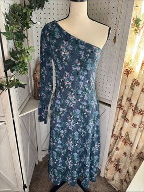 PACT One-Shoulder Midi Dress – Teal Floral Print with Pink Accents – Size Large